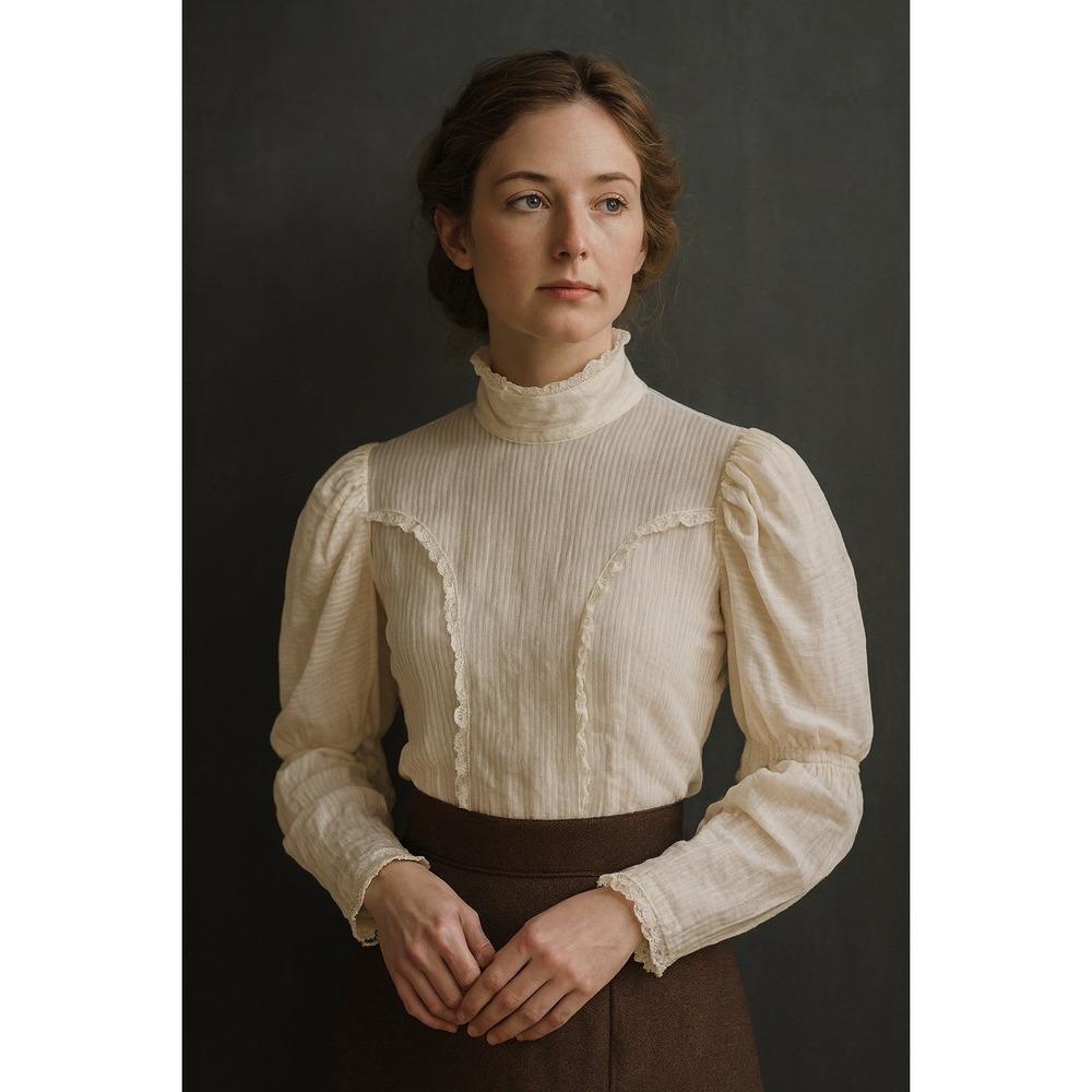Antique Edwardian Sheer Cotton Blouse Lace Trim High Neck Back Buttons Handmade